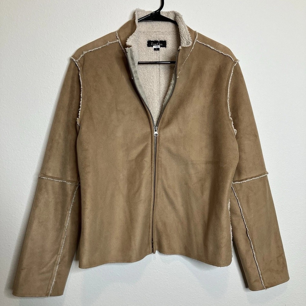 VTG‎ True Grit L Beige Vegan Suede Faux Sherpa Lined Western Boho Zip Jacket USA